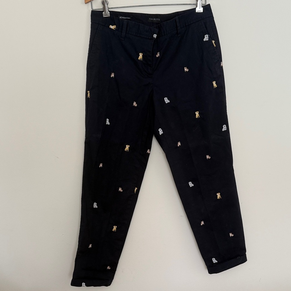 Talbots Black Chinos with Colorful Dogs Embroidery